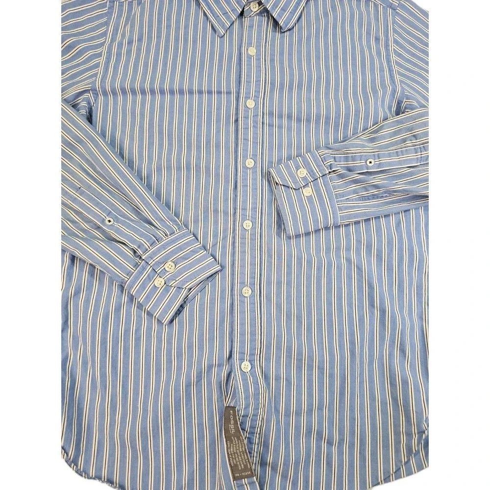 Fossil Brand Mens Small Classic Casual Blue White Striped Button Up Dress Shirt